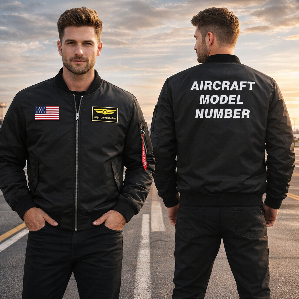 CUSTOM FLAG & NAME WITH AIRCRAFT MODEL NUMBER AVIATOR JACKET
