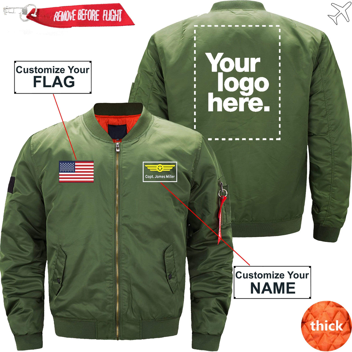 PilotX Jacket Army green thick / S Custom Flag, Logo & Name with Badge Designed Jacket -US Size