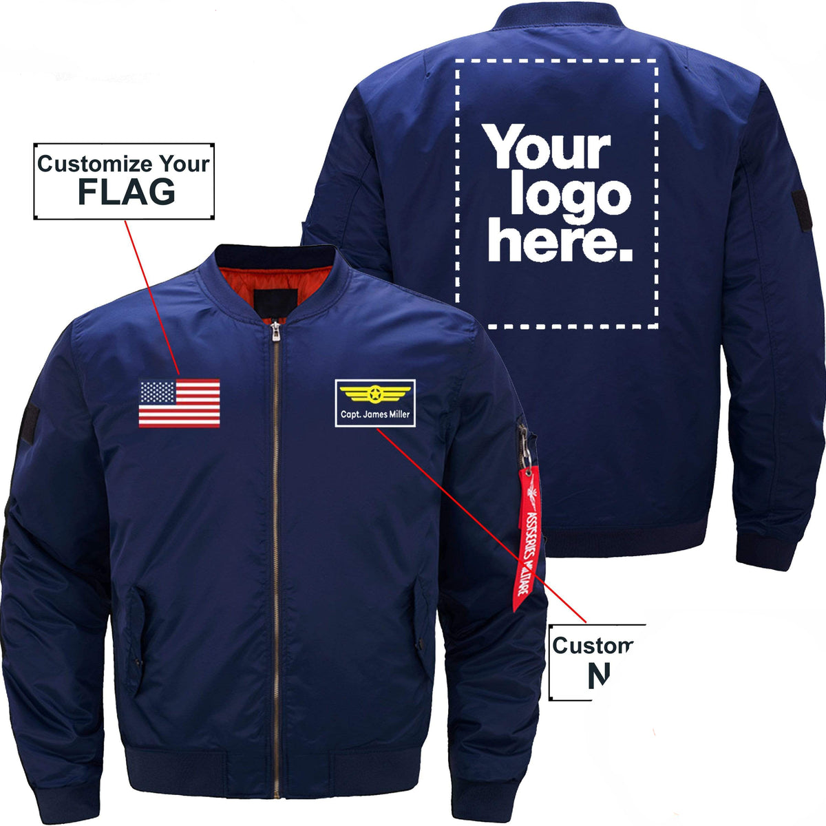 PilotX Jacket Army green thick / S CUSTOM Flag, Logo & Name with Badge Designed Jacket -US Size