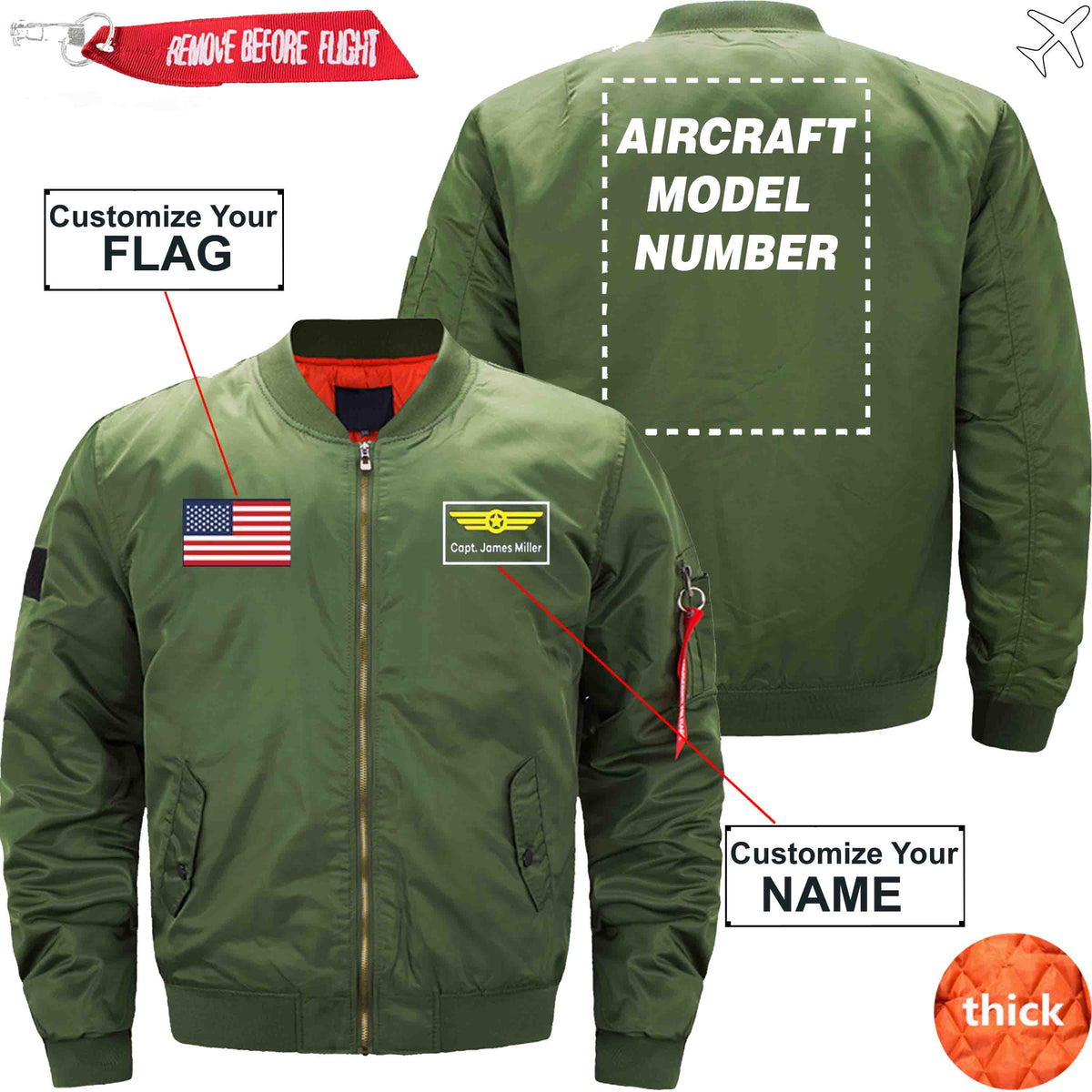 PilotX Jacket Army green thick / S Custom Flag & Name with Aircraft Model Number Jacket -US Size