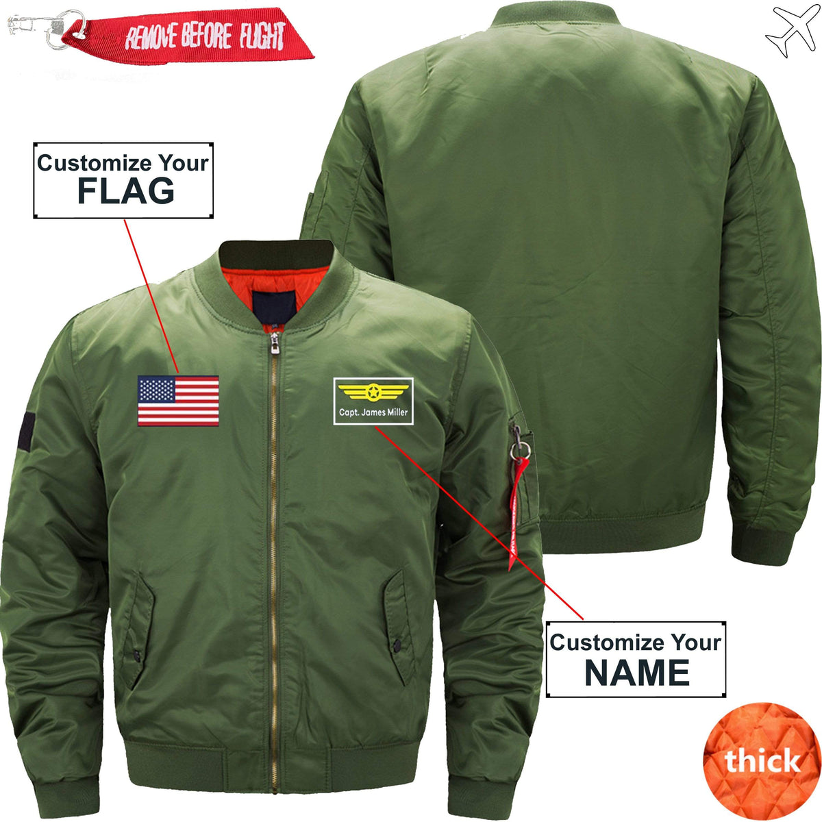 PilotX Jacket Army green thick / S Custom Flag & Name with Badge 2 Designed Pilot Jackets -US Size