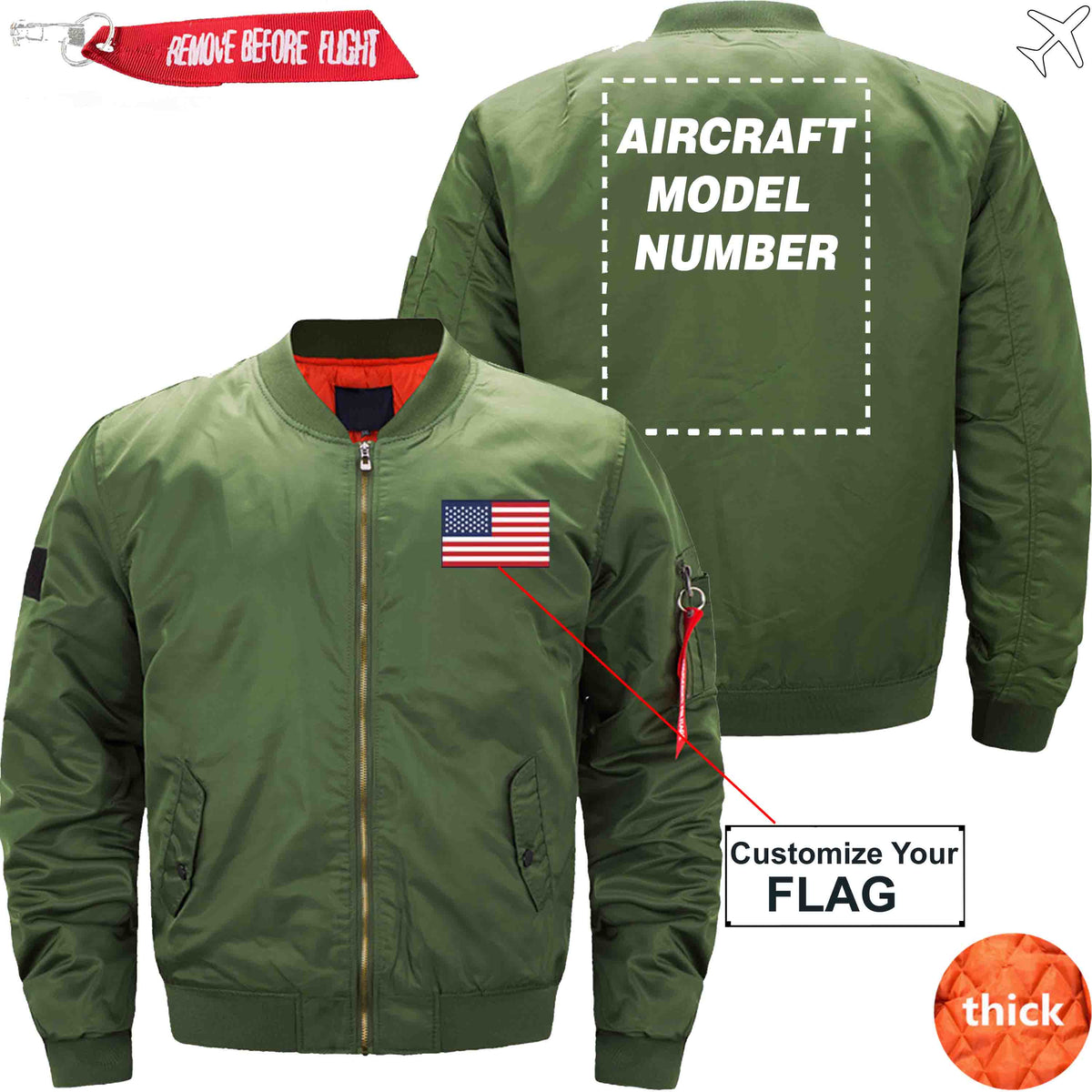 PilotX Jacket Army green thick / S Flag with Aircraft Model Number Jacket -US Size