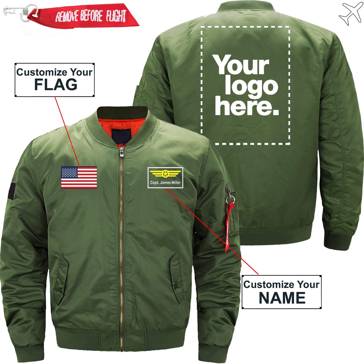 PilotX Jacket Army green thin / S Custom Flag, Logo & Name with Badge Designed Jacket -US Size