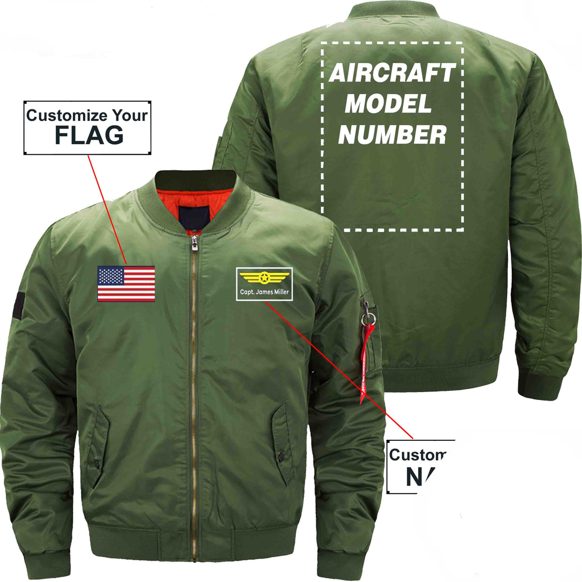 PilotX Jacket Army green thin / S Custom Flag & Name with Aircraft Model Number Jacket -US Size