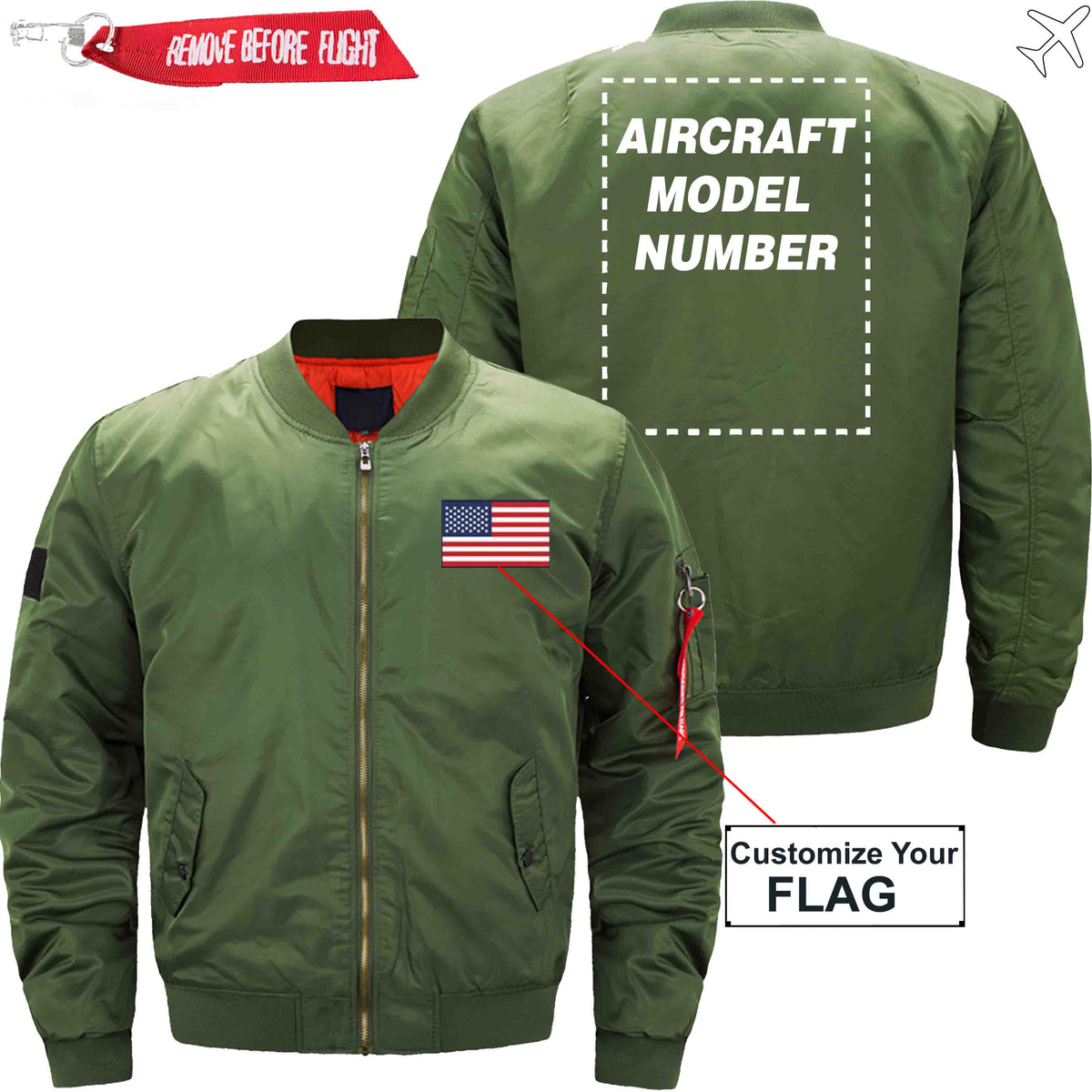 PilotX Jacket Army green thin / S Flag with Aircraft Model Number Jacket -US Size