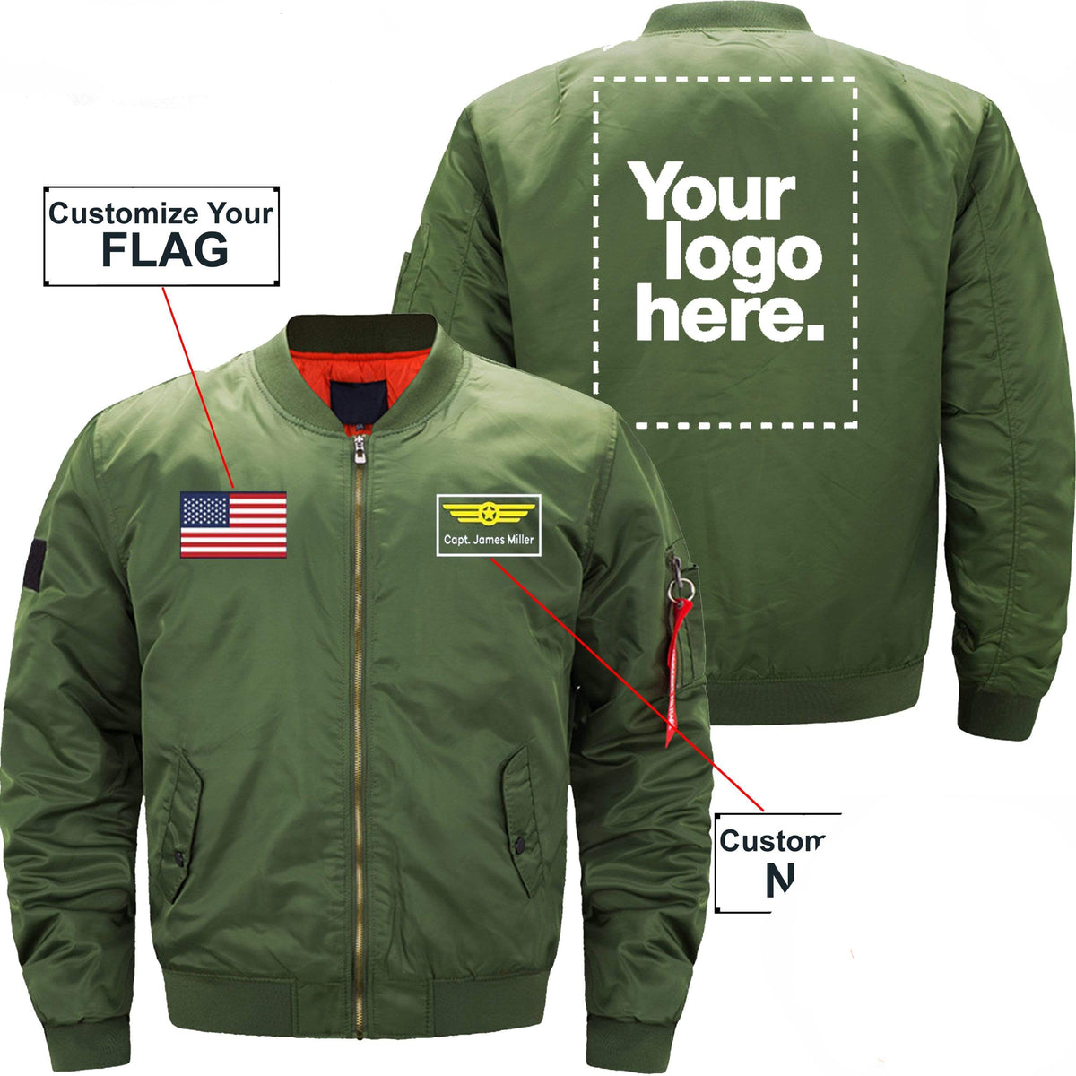 PilotX Jacket Army green thin / XS CUSTOM Flag, Logo & Name with Badge Designed Jacket -US Size