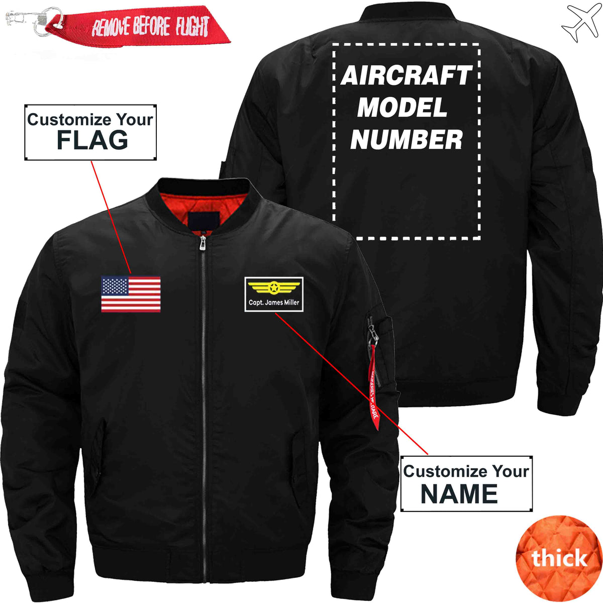 PilotX Jacket Black thick / S Custom Flag & Name with Aircraft Model Number Jacket -US Size