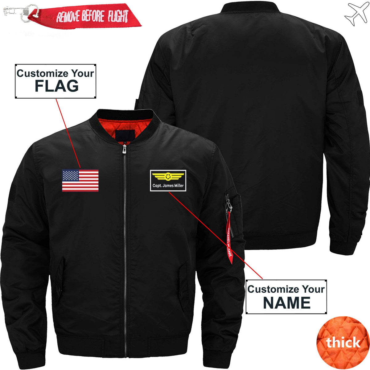 PilotX Jacket Black thick / S Custom Flag & Name with Badge 2 Designed Pilot Jackets -US Size