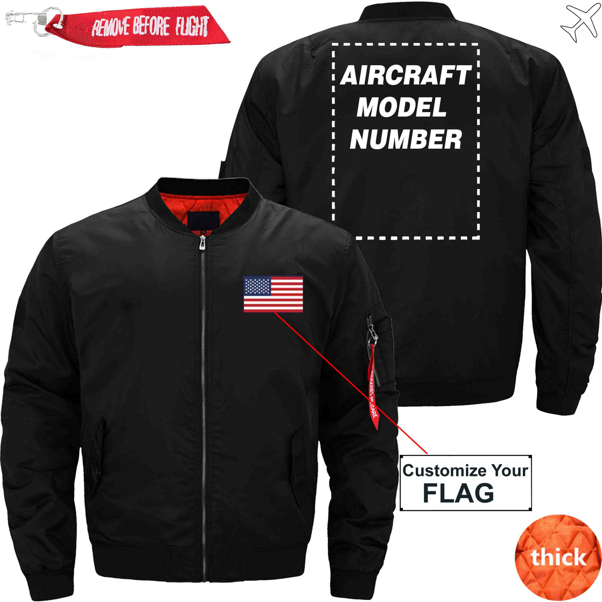 PilotX Jacket Black thick / S Flag with Aircraft Model Number Jacket -US Size