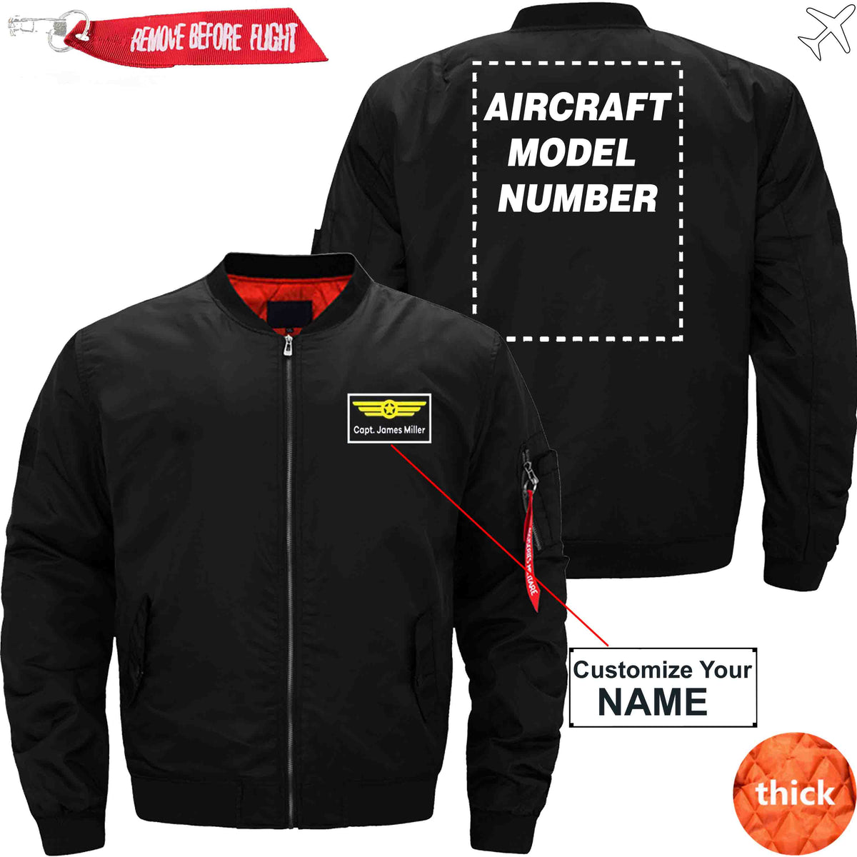 PilotX Jacket Black thick / S Name with Aircraft Model Number Jacket -US Size