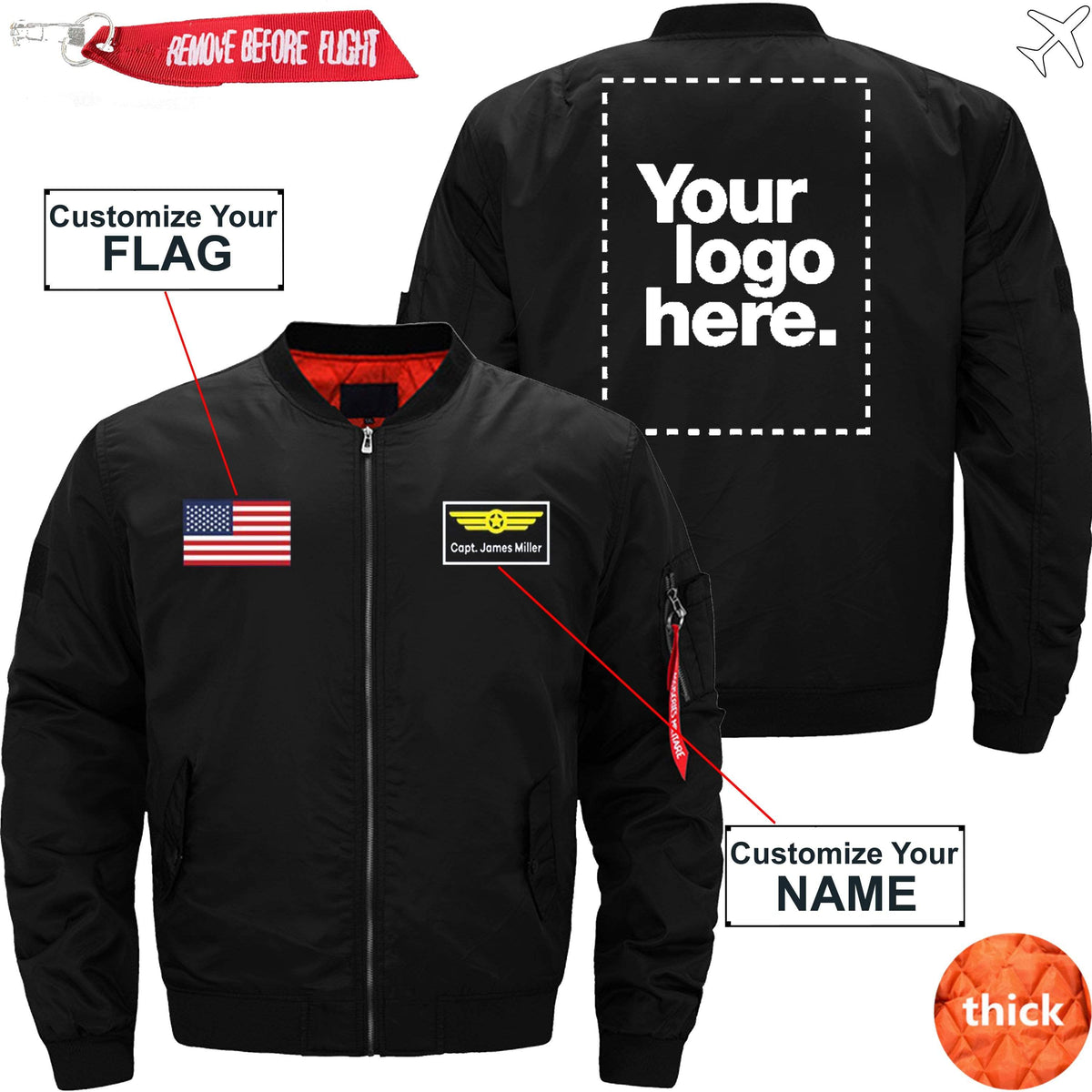 PilotX Jacket Black thick / XS CUSTOM Flag, Logo & Name with Badge Designed Jacket -US Size