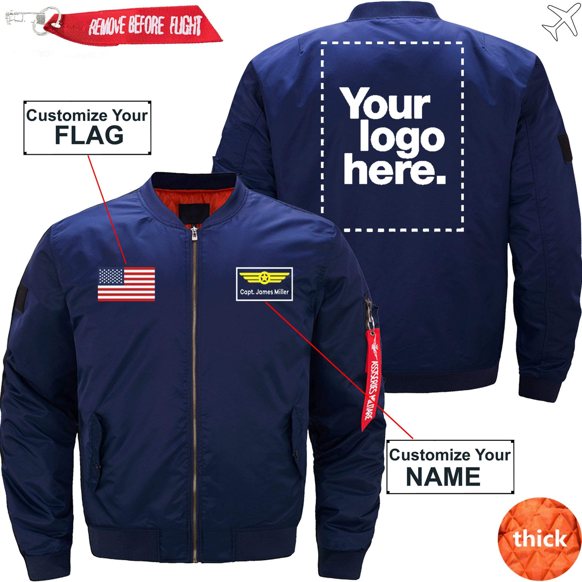 PilotX Jacket Dark blue thick / S Custom Flag, Logo & Name with Badge Designed Jacket -US Size