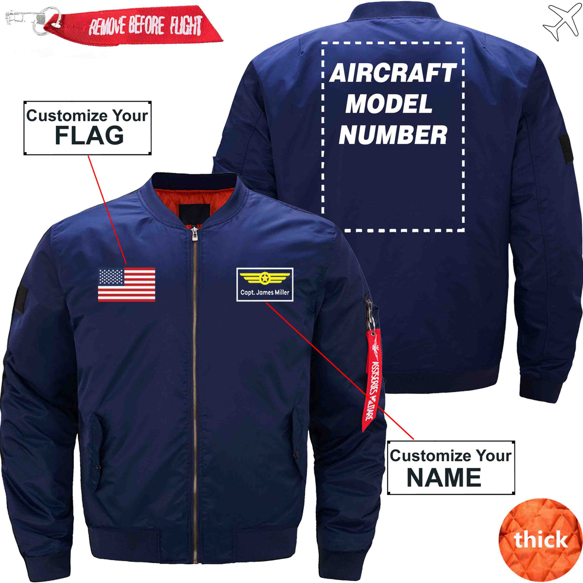 PilotX Jacket Dark blue thick / S Custom Flag & Name with Aircraft Model Number Jacket -US Size