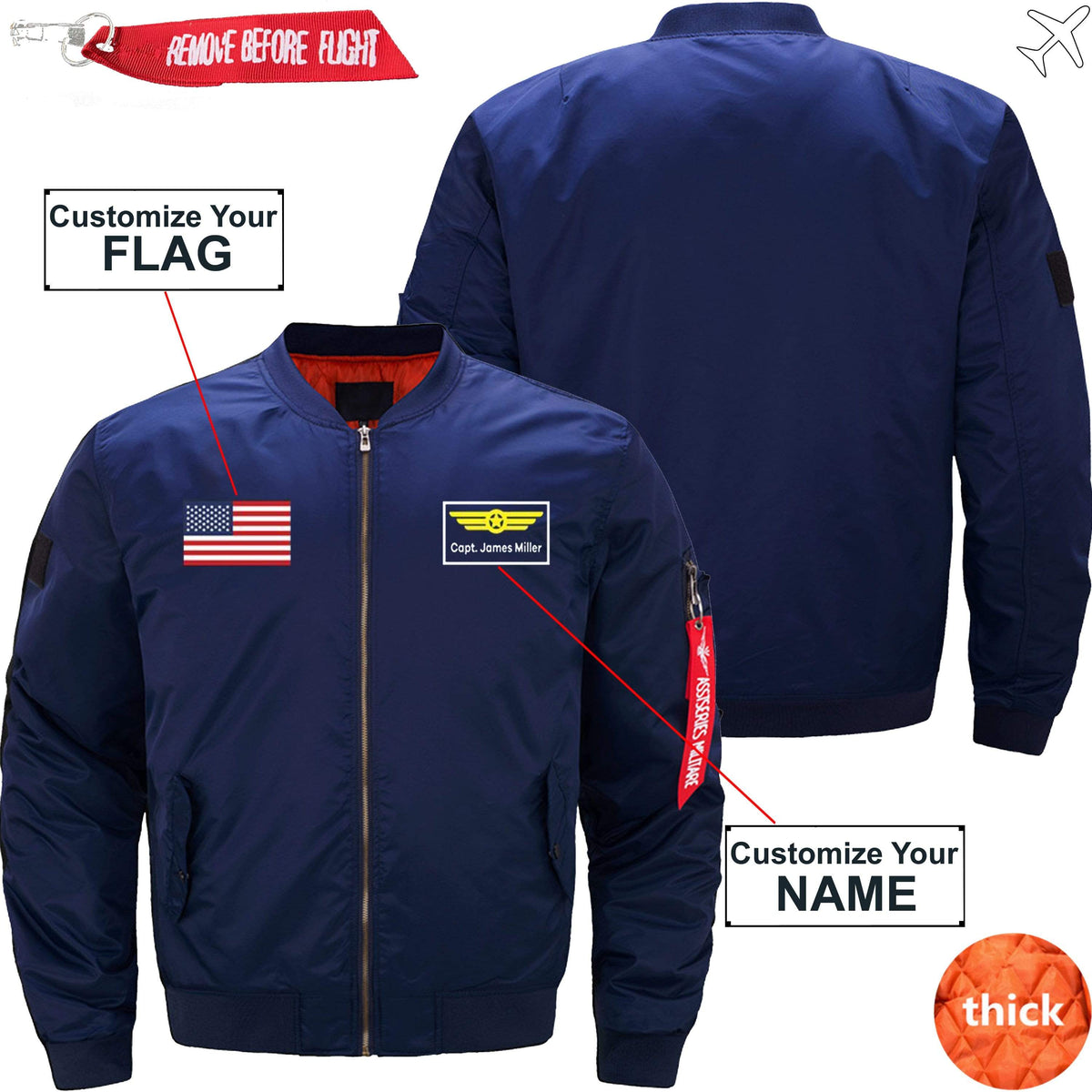 PilotX Jacket Dark blue thick / S Custom Flag & Name with Badge 2 Designed Pilot Jackets -US Size