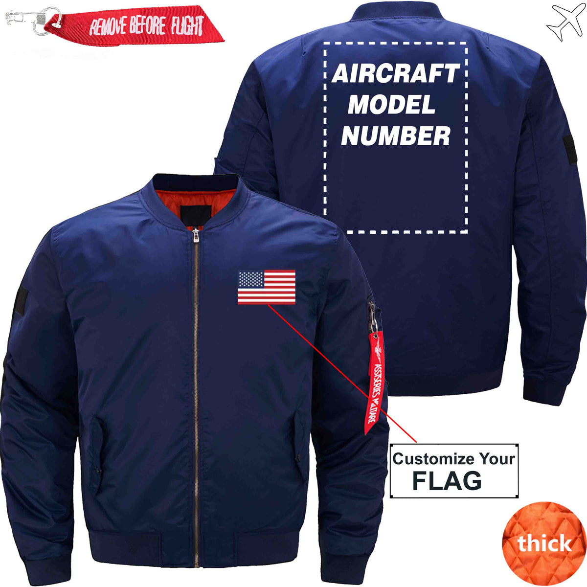 PilotX Jacket Dark blue thick / S Flag with Aircraft Model Number Jacket -US Size