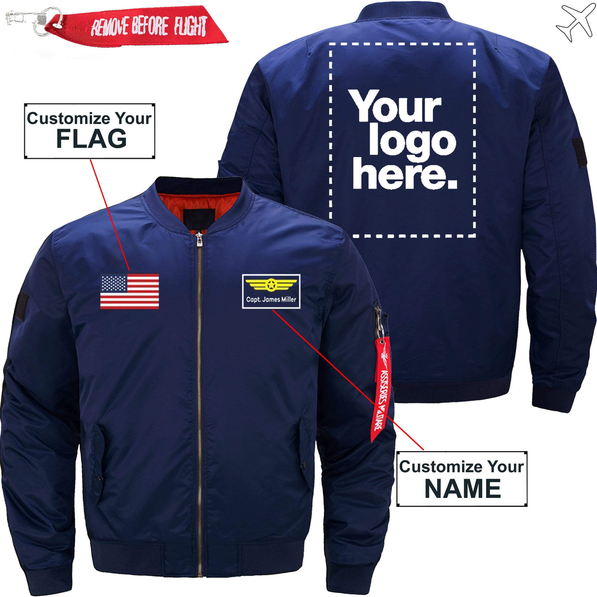 PilotX Jacket Dark blue thin / S Custom Flag, Logo & Name with Badge Designed Jacket -US Size