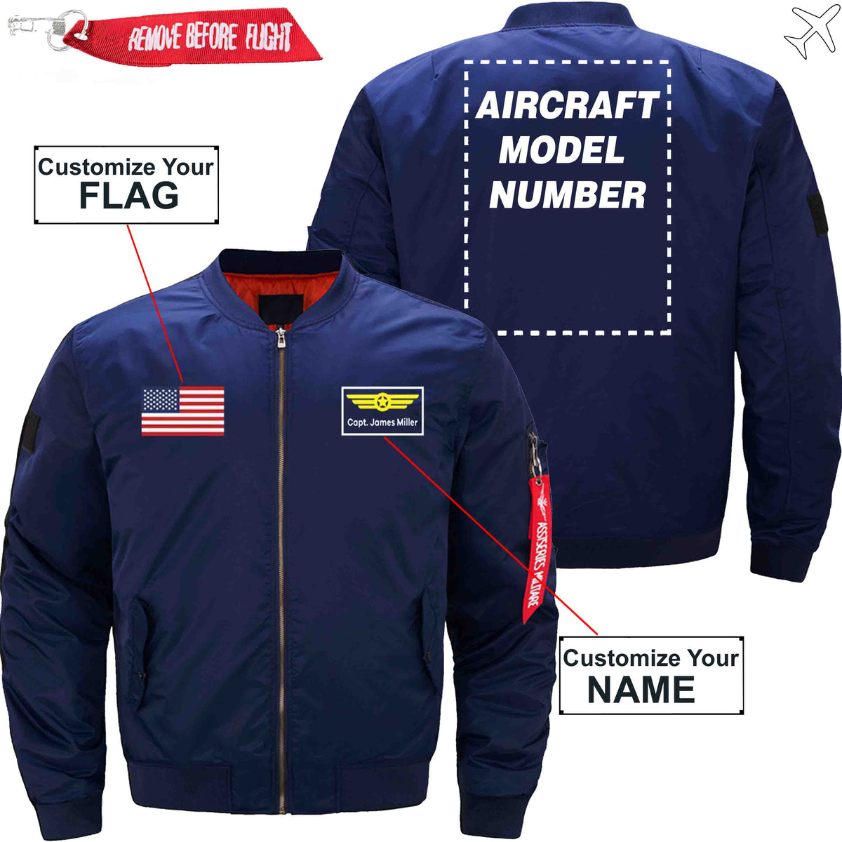 PilotX Jacket Dark blue thin / S Custom Flag & Name with Aircraft Model Number Jacket -US Size